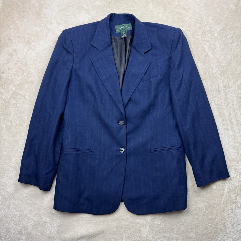 Lauren Ralph Lauren Blazer Womens 10 Blue Pinstripe Rayon Two Button Made in USA
